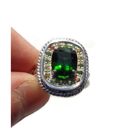Unique Natural Chrome Diopside Ring With Demantoid Garnets Sterling Silver Sz 7 - Picture 4 of 10